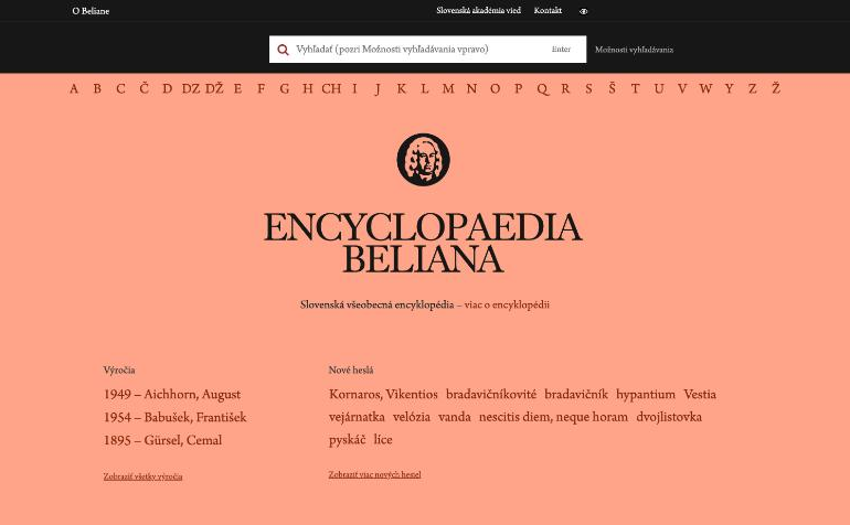 Encyclopaedia Beliana home page with the A–Z index, search and new entries