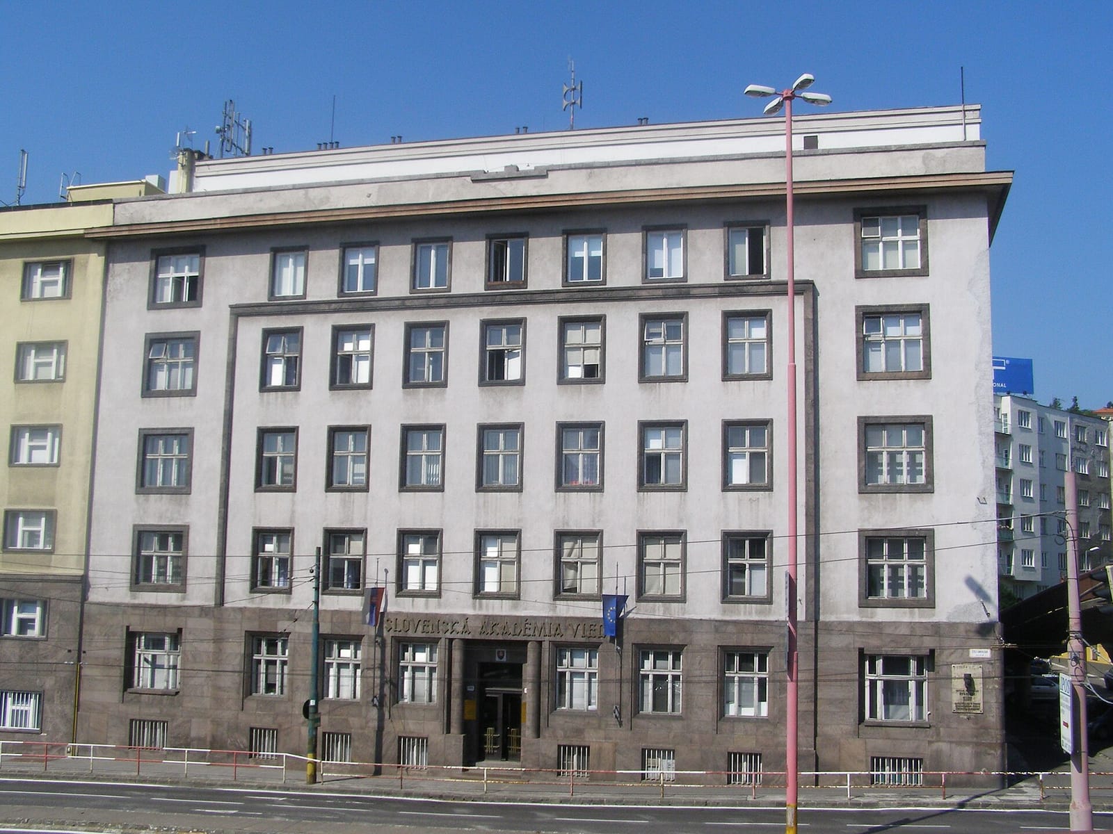 Facade of the Slovak Academy of Sciences building with its name above the entrance
